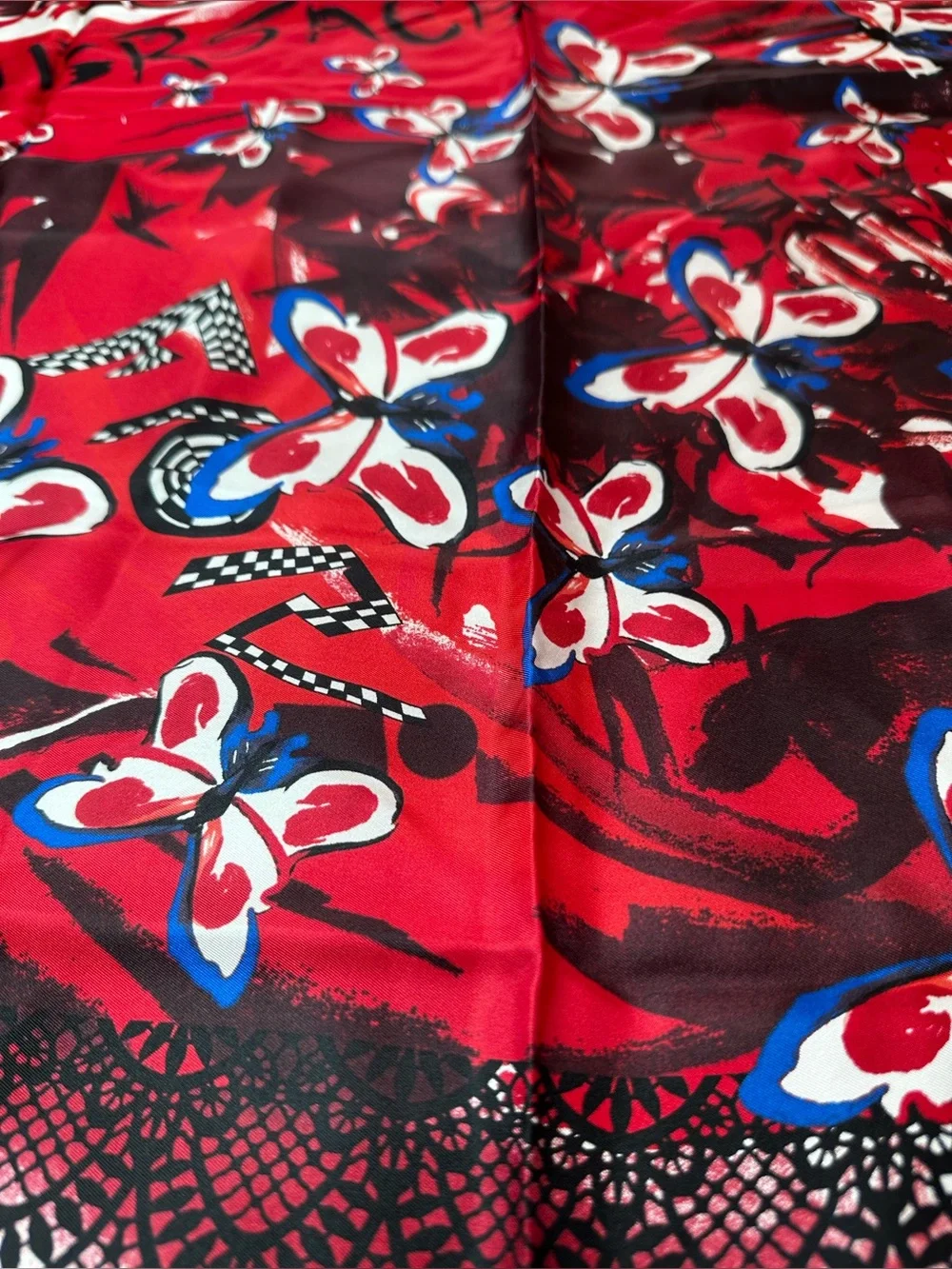 Versace Red Floral Silk-Blend Scarf with Blue & White Accents